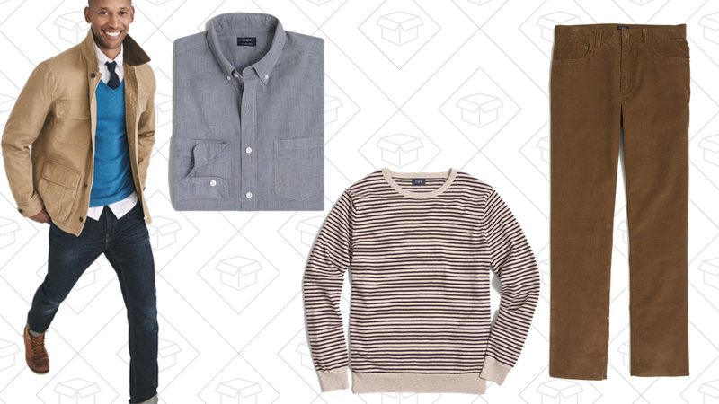 Twill Barn Jacket, $79 | Heathered Cotton Shirt, $30 | Striped Harbor Cotton Crewneck Sweater, $27 | Driggs Cord, $35